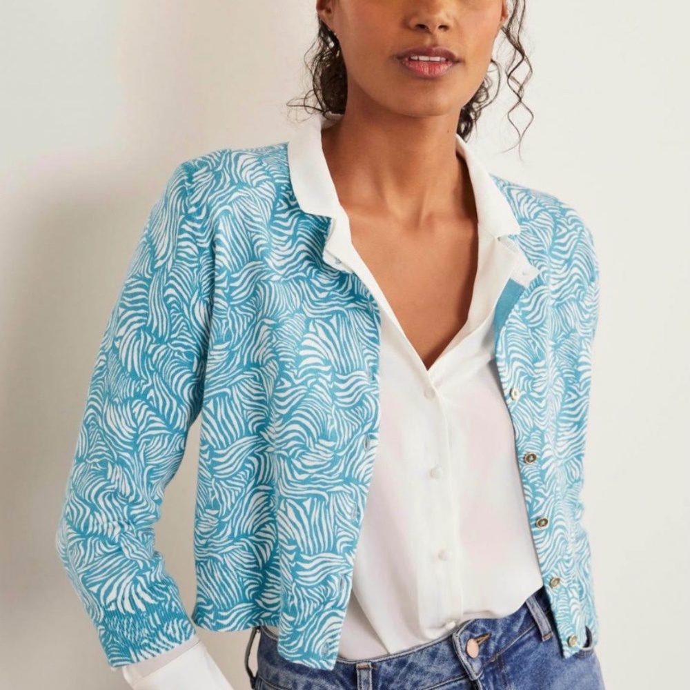 NWT Boden Cropped Cardigan Top Cotton Blend Turquoise Blue Wave Pattern M HTF